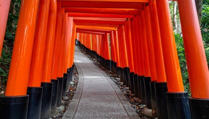 Fototapeta premium A pathway lined with vibrant orange torii gates extends into the distance, creating a tunnel-like effect.
