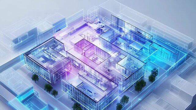 Futuristic building complex revealing interior furnishing and surrounding environment