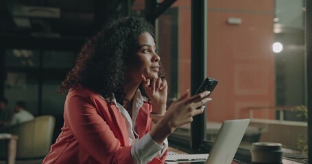 Happy woman, night and thinking with phone for business ambition, career or job opportunity in cafe. Female person, employee or smile with mobile smartphone for app, online network or inspiration