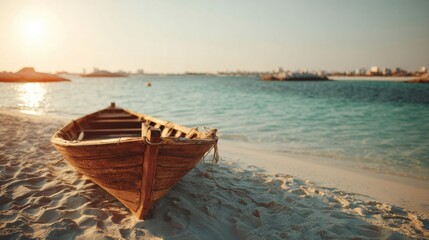 Obraz premium Wooden Boat on Sandy Beach with Distant Buildings