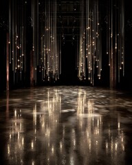 A large indoor space, illuminated by numerous, delicate hanging lights, casts captivating reflections on the dark floor.