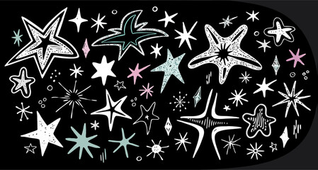 Hand-drawn Star Pattern: Colorful Doodle Stars on Black Background