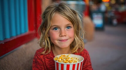 Smiling Girl with Popcorn in Amusement Park