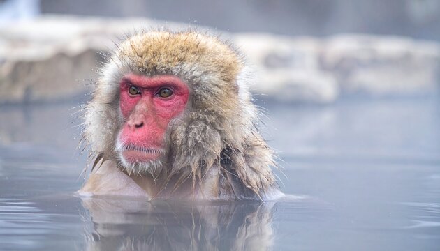 A snow monkey resting in warm mist, red face marked by deep gaze