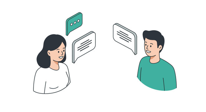 Isometric chat illustration with two people in conversation