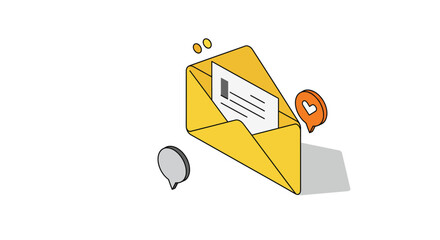 Open yellow envelope with message and chat bubbles in modern minimalist style