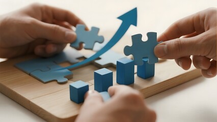 Hands assembling puzzle pieces with a blue upward arrow, symbolizing growth and strategy.