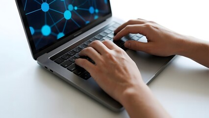 Person typing on a laptop with a network interface displayed on the screen