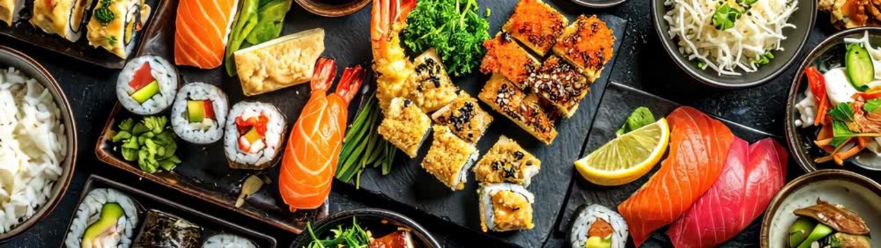 Overhead view of an assortment of japanese sushi rolls and dishes displaying culinary delights.