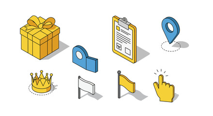 Isometric icons of gift box, clipboard, map pin, crown, flags, and hand gesture
