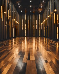 A spacious, modern room with warm lighting, showcasing a polished wooden floor and a dark, elegant wall design.