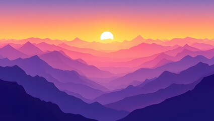Obraz premium Sunset over layered mountains with gradient colors in a vector art style design look