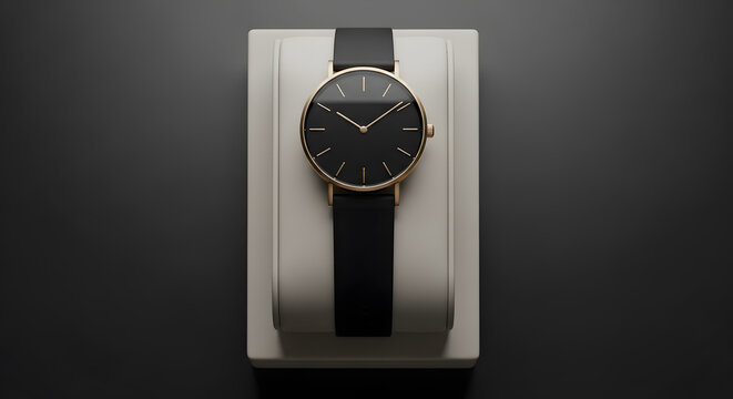 Minimalist gold and black wristwatch on display stand