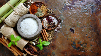 Asian cuisine ingredients beautifully arranged on a rustic stone surface with fresh herbs and spices.