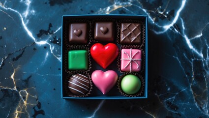 Obraz premium Assorted heart and square-shaped chocolates in a box on a dark marble background with lightning effects.