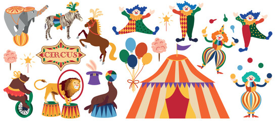 Circus chapito set. Vector characters of strongman, clown, juggler and magician. Cute elephant, lion, horse, zebra, seal and bear on circus stage