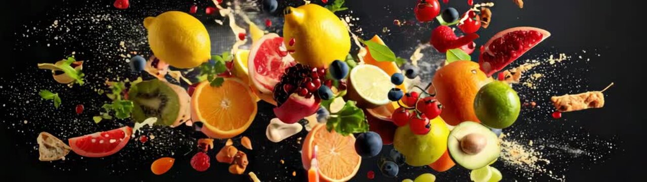 Fresh fruits and vegetables exploding on black background, creating a vibrant and dynamic composition.