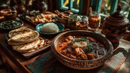 スパイスが効いたカレー、ナン、ライスが並ぶ家庭的な食卓 | Authentic spiced curry, naan bread, and rice served on a cozy dining table