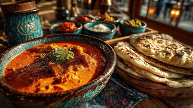 スパイス香るインドカレーと焼きたてのナン、伝統的な器で供されるテーブルのクローズアップ | Spicy Indian Curry and Freshly Baked Naan Bread Served in Traditional Bowls on a Dining Table Close-up