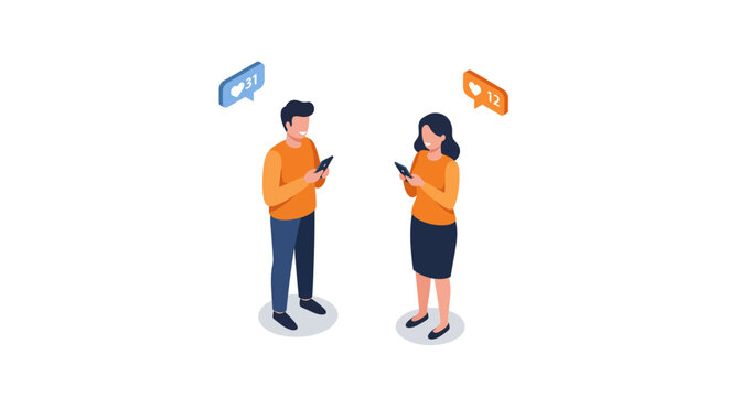 Isometric illustration of social media engagement with two people on smartphones