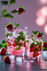 A refreshing strawberry cocktail with ice and mint.