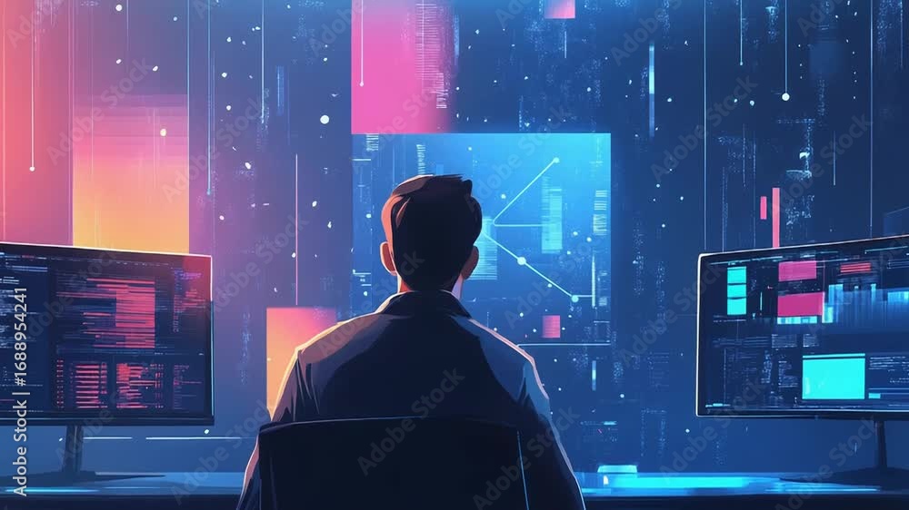 Aufkleber programmer working on futuristic computer in digital environment