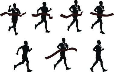 Silhouette vector illustration of male runners crossing finish line with medals, marathon race, sports competition, fitness, athletic achievement, victory celebration design.