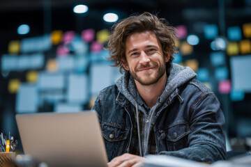Smiling Person Working on Laptop in Modern Office