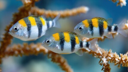 Three Yellowtail Sergeant Fish Swimming Near Coral