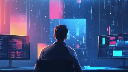 Programmer working on futuristic computer in digital environment - Powered by Adobe