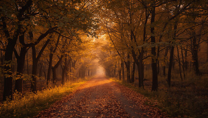 Fototapeta premium Photorealistic wide shot of a misty forest path covered in golden autumn leaves with sunbeams filtering through the trees