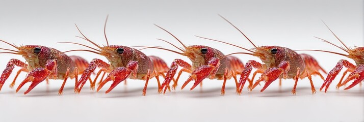 Row of red crawfish in horizontal alignment