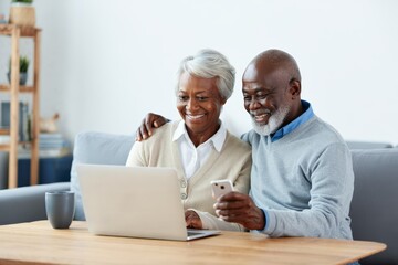 Smiling Senior Couple Using Laptop and Smartphone at Home