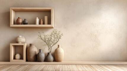 Minimalist wooden shelf display with terracotta and neutral tones