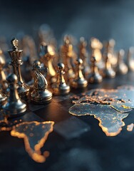 Golden chess pieces stand on a global world map, illuminating a strategic  of international proportions.