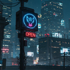 Neon Open Sign with Futuristic Bird Design in Night City.