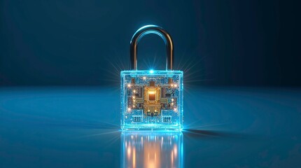 Ultra-realistic image of a futuristic transparent padlock with glowing neon blue circuitry inside, symbolizing cybersecurity and digital encryption.