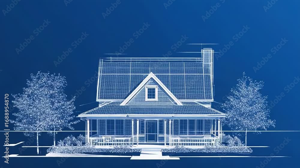 Aufkleber blueprint of a suburban house with garden and trees is displaying architectural design