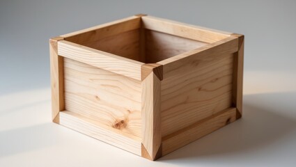 Plain wooden box with visible wood grain, unassembled, on a white surface.