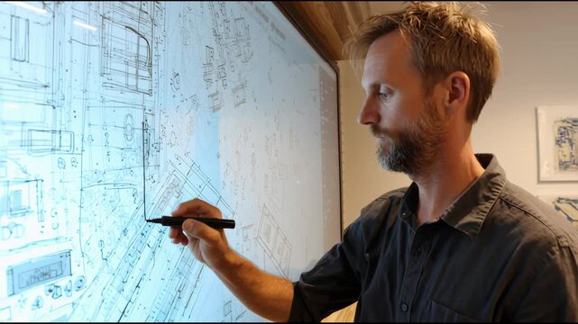 Architect at Work: A skilled architect concentrates on a detailed blueprint projected onto a large screen, immersed in the intricate process of design and creation, representing his profession.