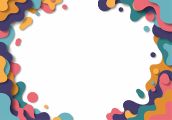 Modern abstract background with colorful, layered paper-cut style fluid shapes creating a dynamic border on a white canvas.