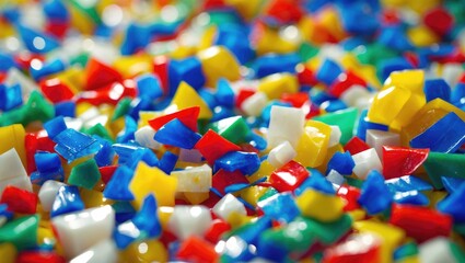 Colorful plastic building blocks scattered randomly with various shapes and colors.