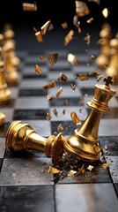 Golden chess pieces clash dramatically on a checkered board, showcasing a decisive blow and shattered fragments.