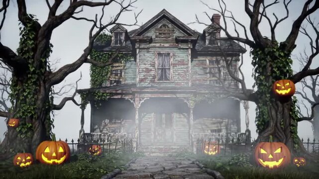 Spooky Halloween Haunted House in Foggy Forest, Jack-o'-lanterns Illuminate Path