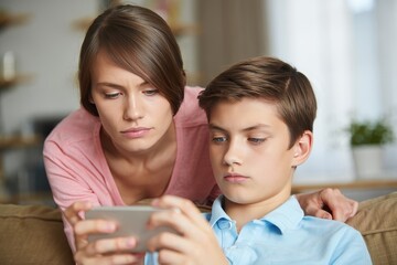 Concerned Mother and Son Looking at Smartphone Screen