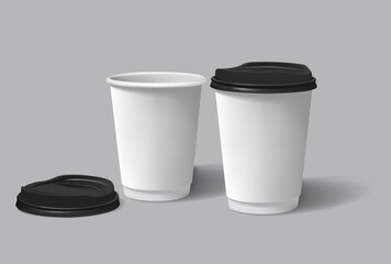 Coffee cup white with black lid. Template for cafes, design of the restaurant's corporate style. White cardboard coffee cup Mockup. Template disposable plastic and paperware for hot drinks
