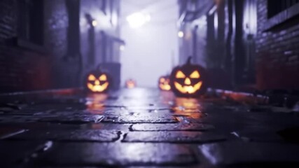 Eerie jack-o'-lanterns with sinister glowing faces illuminate a dark, wet cobblestone alley on a mysterious and foggy Halloween night