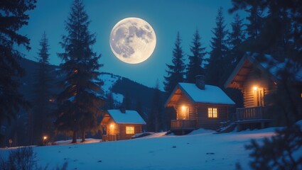 Fototapeta premium A snowy night scene with a full moon over a forest and cozy cabins illuminated from within. Winter landscape with trees and cabins under the moonlight.