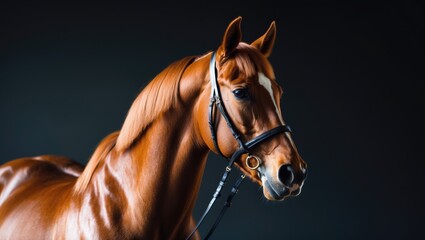 Obraz premium A close-up of a brown horse with a black bridle on a dark background.