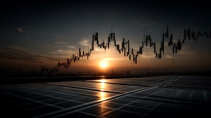 Symbolic view of a financial stock market chart over a solar panel farm at sunset, representing investment in renewable green energy